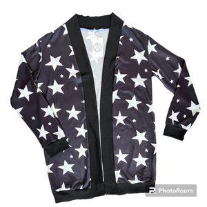 NWT Floral Blooming Womens Black & White Star Longline Knit Open Cardigan Large